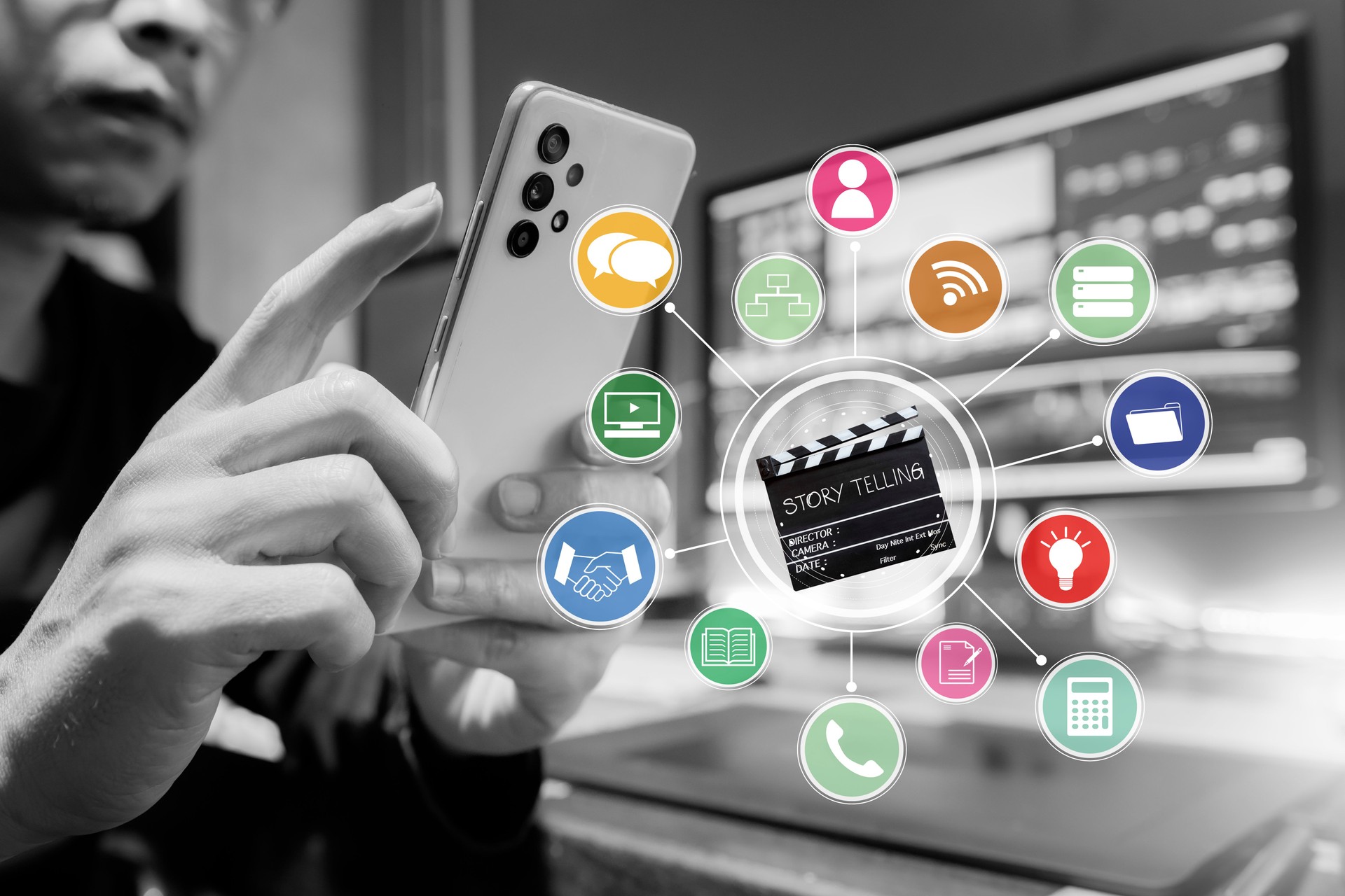 Asian Film editor and workflows diagram in Post Production process. creativity for storytelling, Data storage, cloud computing system, client and budget.